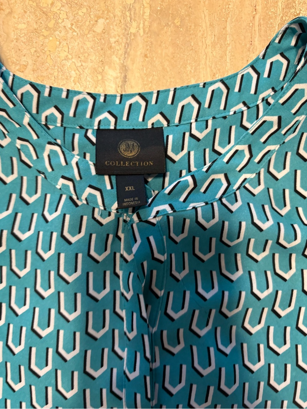 JM Collection Teal Geometric Print Blouse | Size XXL | Split Neck Top
